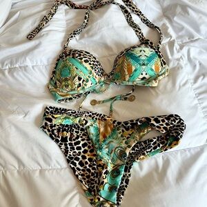 Luli Fama Green and Brown Underwire Bikini with Ornate Design